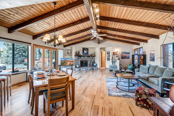 Open Floor Plan with High Beam Ceilings and Natural Lighting
