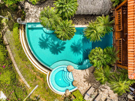 A huge pool surrounded by palms for all kinds of fun with friends or family