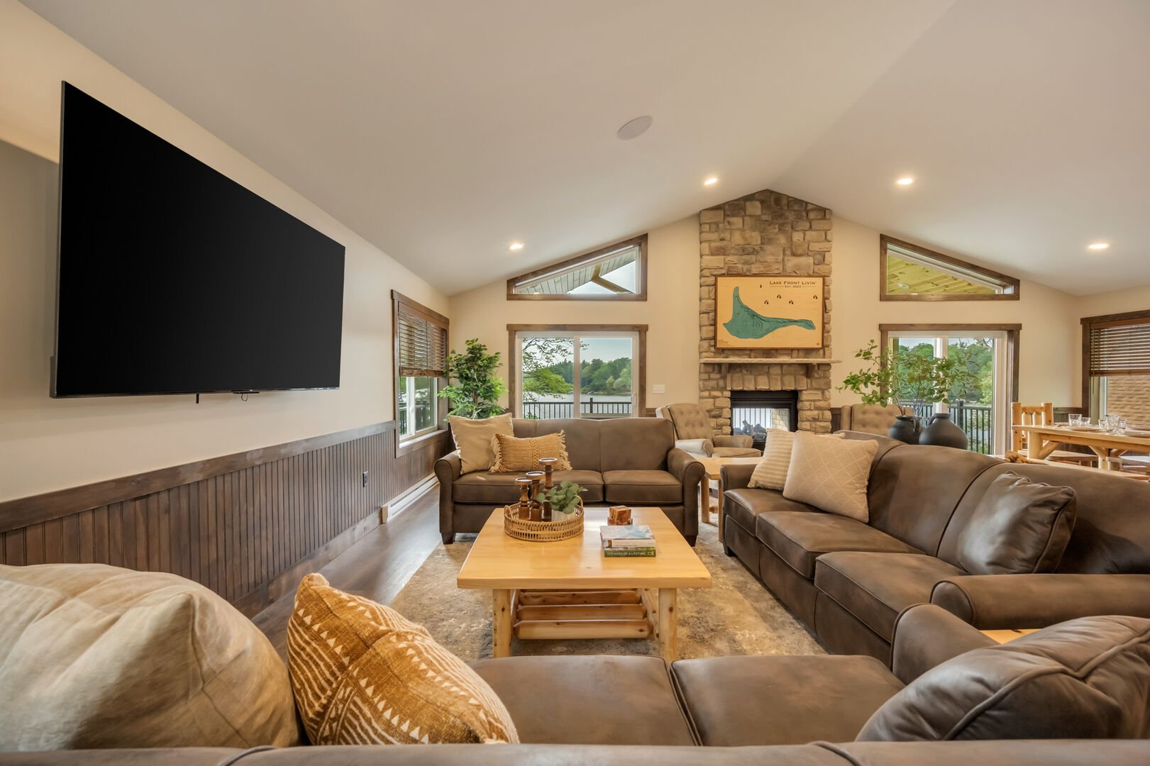 Comfy and Cozy.
Large and Comfortable Sofas in the Great Room provide the perfect space for Chatting with Family and Friend or Lounging while watching the Large Screen Smart TV.