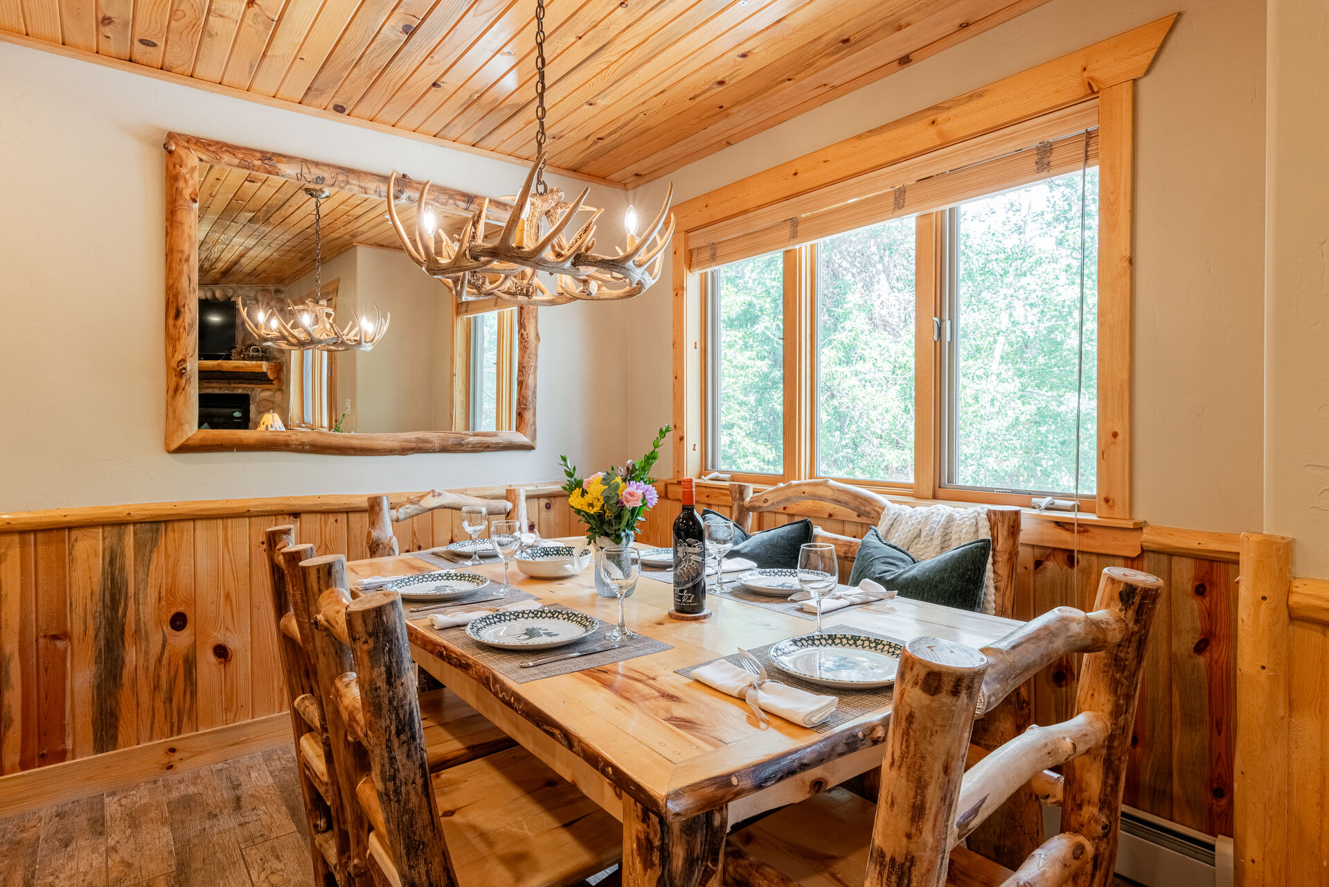 Wood dining table with seating for six