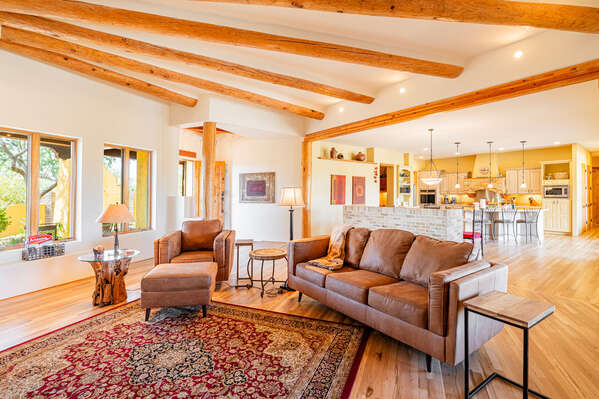 Spacious Floor Plan with High Wood Beam Ceilings and Lots of Natural Lighting