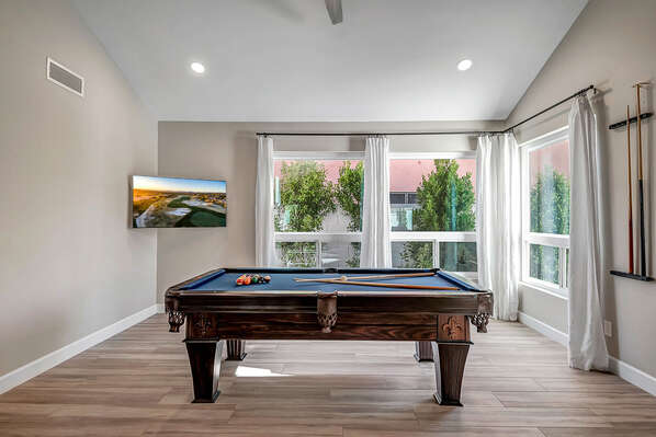 Game Area with Pool Table and Smart TV