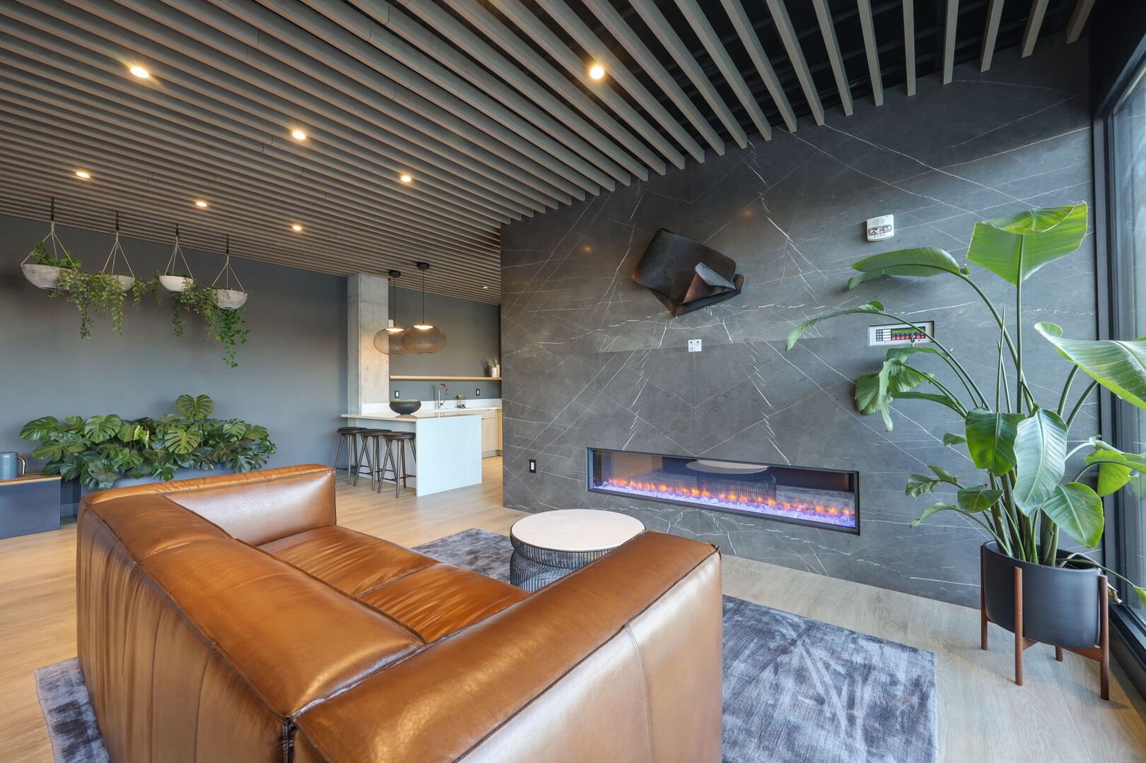 Communal Area: Modern lobby lounge featuring a kitchenette, electric fireplace and multiple hangout areas.