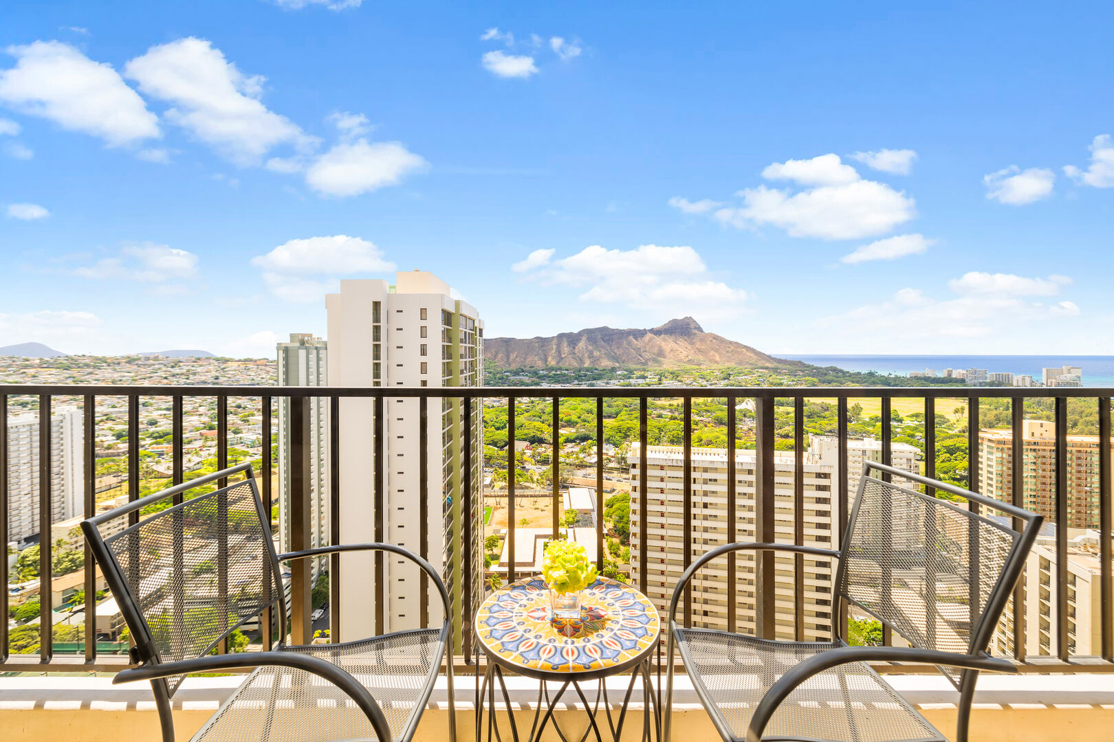 Enjoy the beautiful Diamond Head and mountain views from your own private lanai while having a sip of your morning coffee!