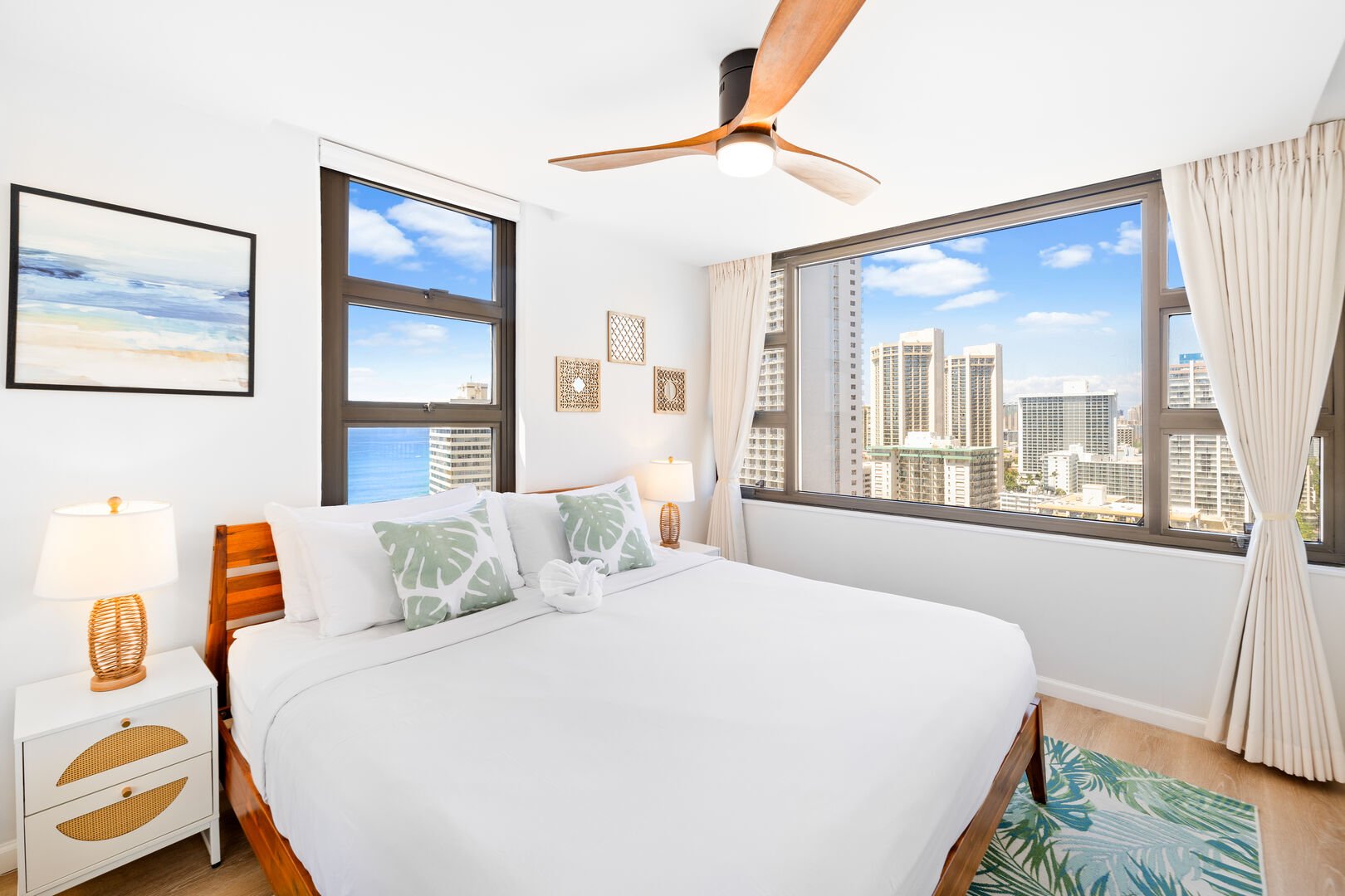 Relax in your bedroom with a king-size bed, ceiling fan, and enjoy the beautiful views from your window!