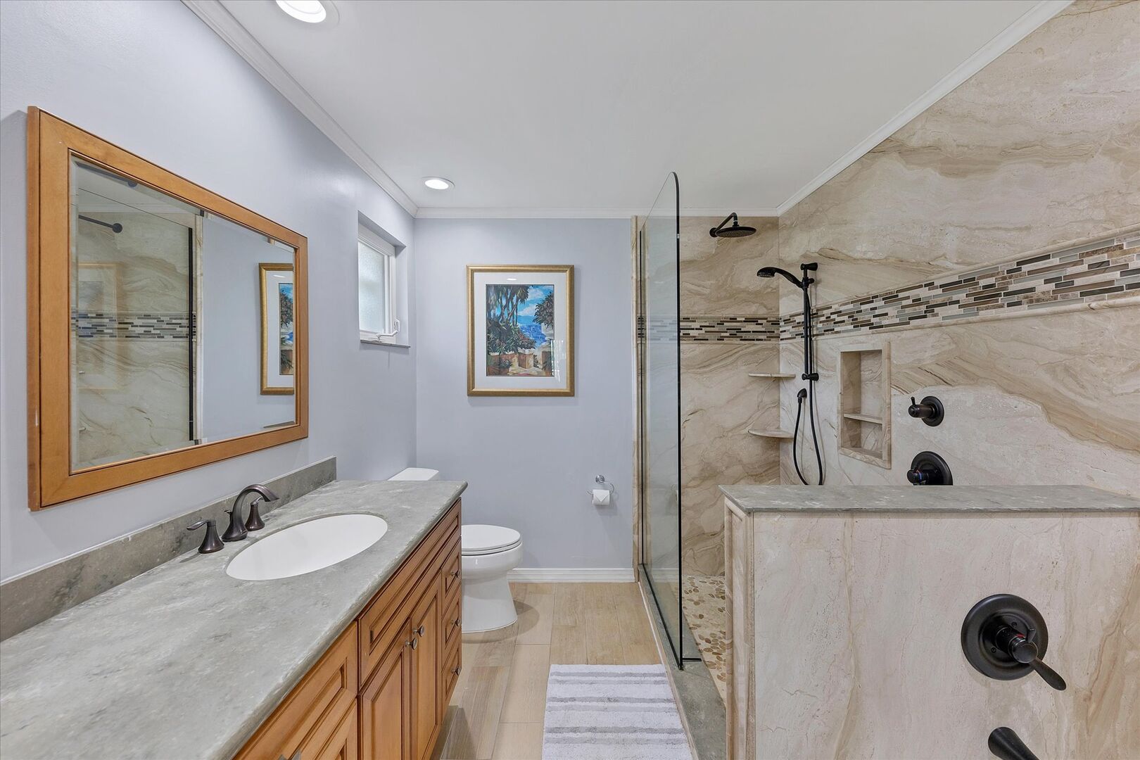 Ensuite with walk-in shower and soaking tub