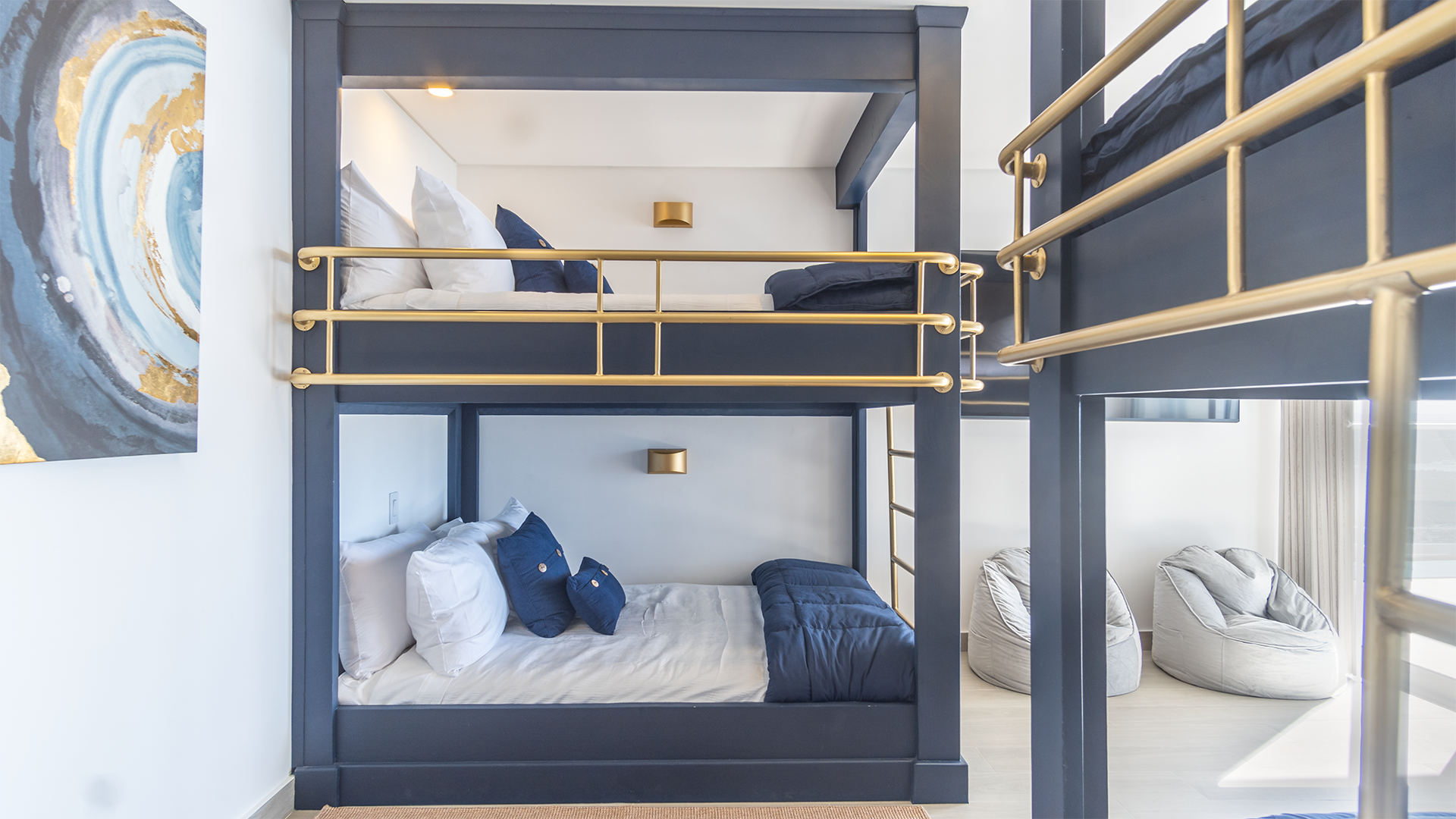 one bedroom presents over sized bunk beds