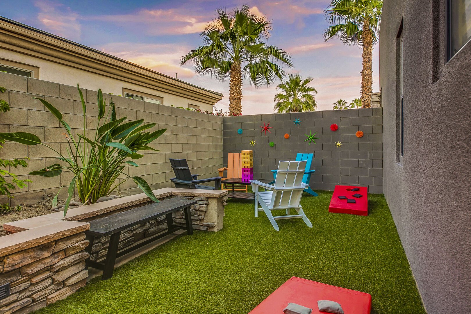 Enjoy playing Giant Jenga on this patio area with seating for four while the kids enjoy the classic game of bean bag toss!