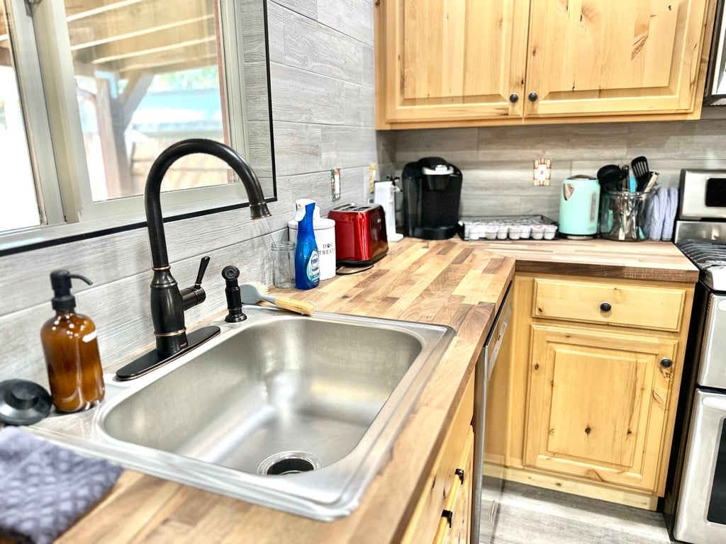 Farmhouse sink and butcher block counter tops