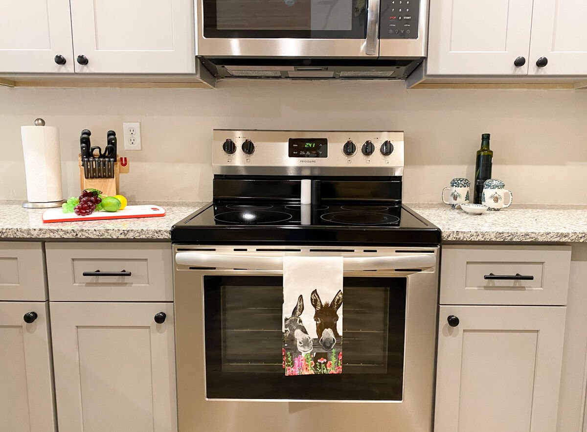 Gorgeous updated stainless steel appliances, with laughing donkeys throughout!