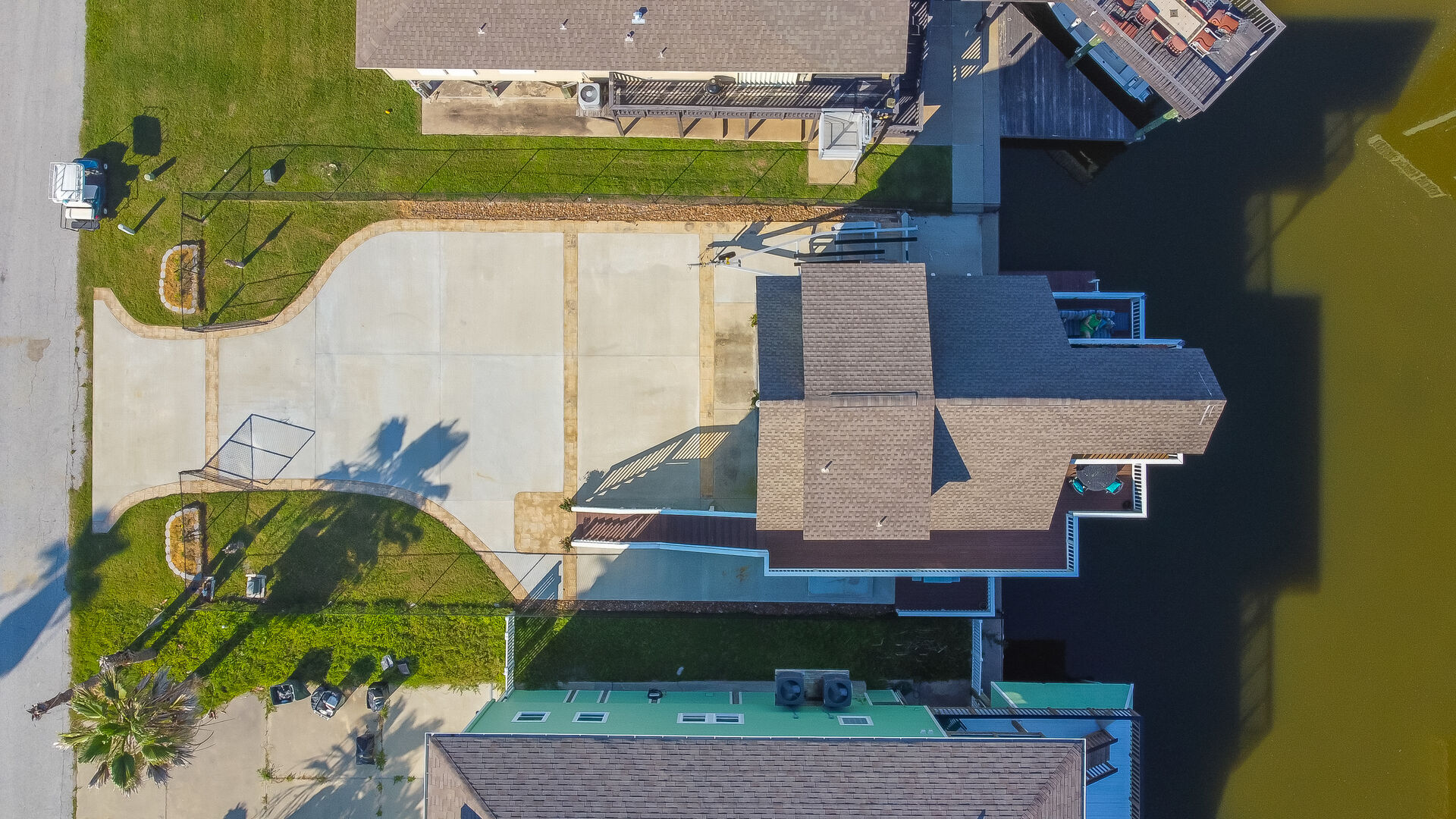 Overhead view of home on canal