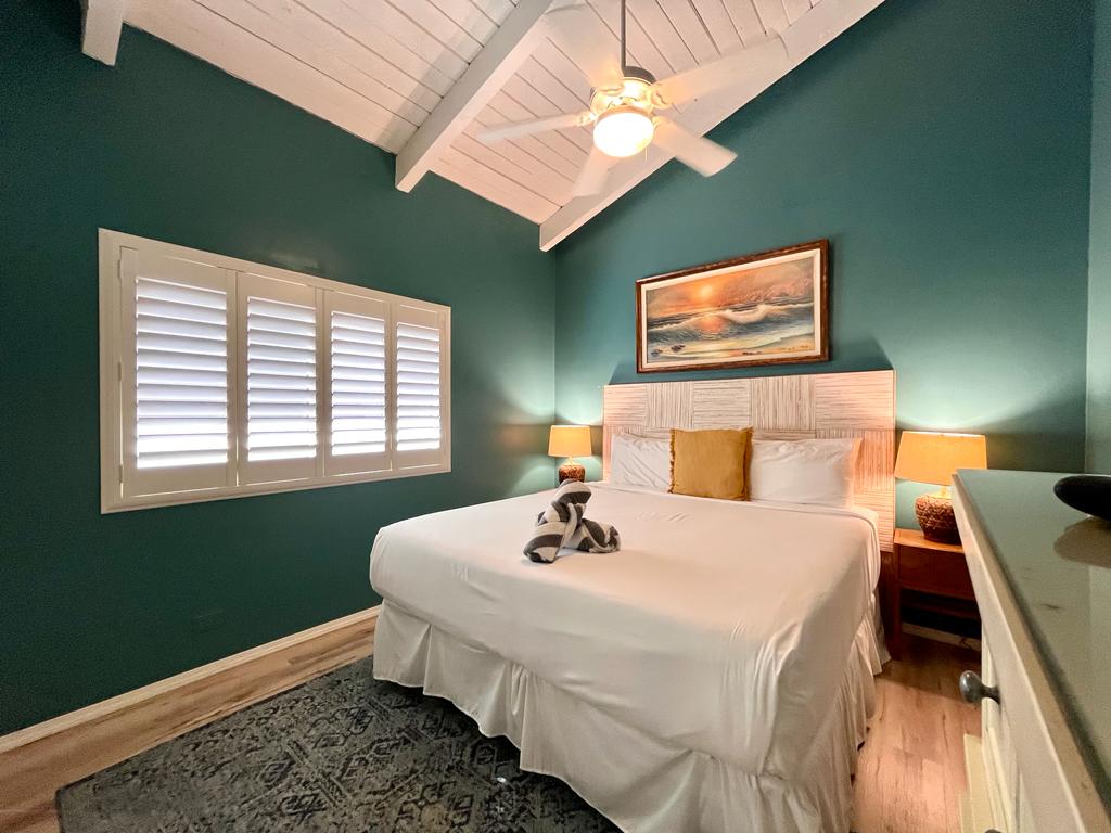 The master's bedroom has a king-size bed, ceiling fan, split AC, and dresser!