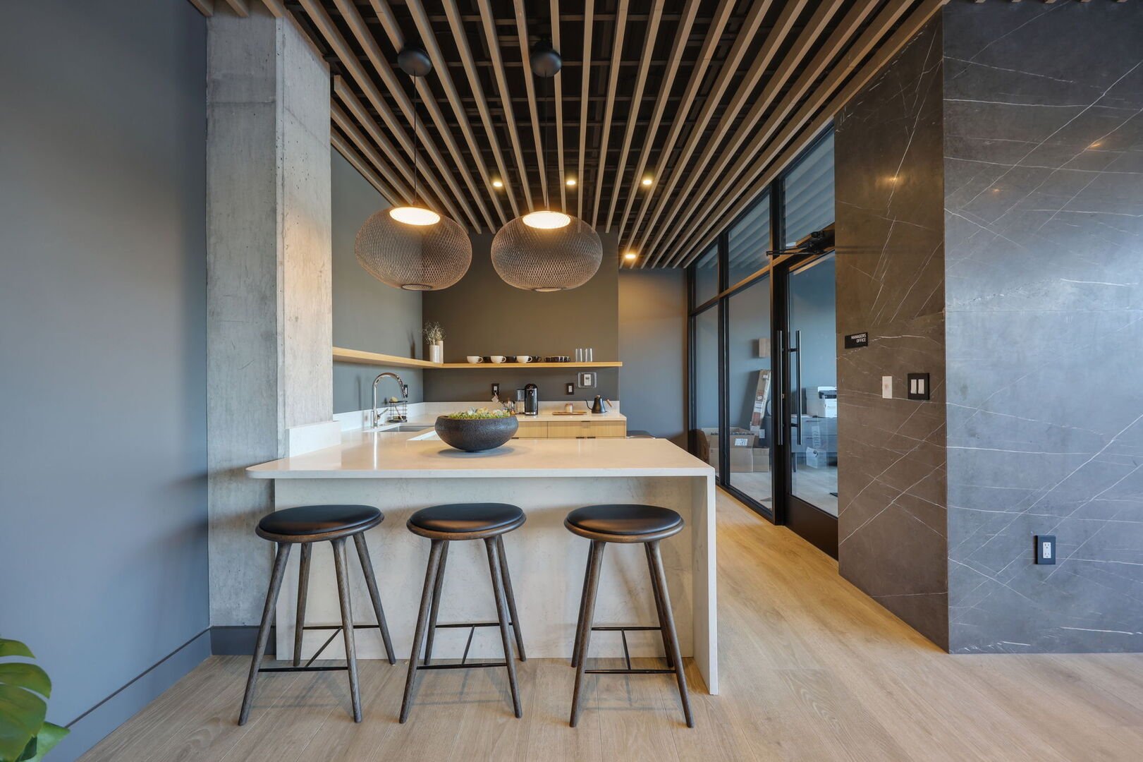 Communal Area: Modern lobby lounge featuring a kitchenette, electric fireplace, and multiple hangout areas.