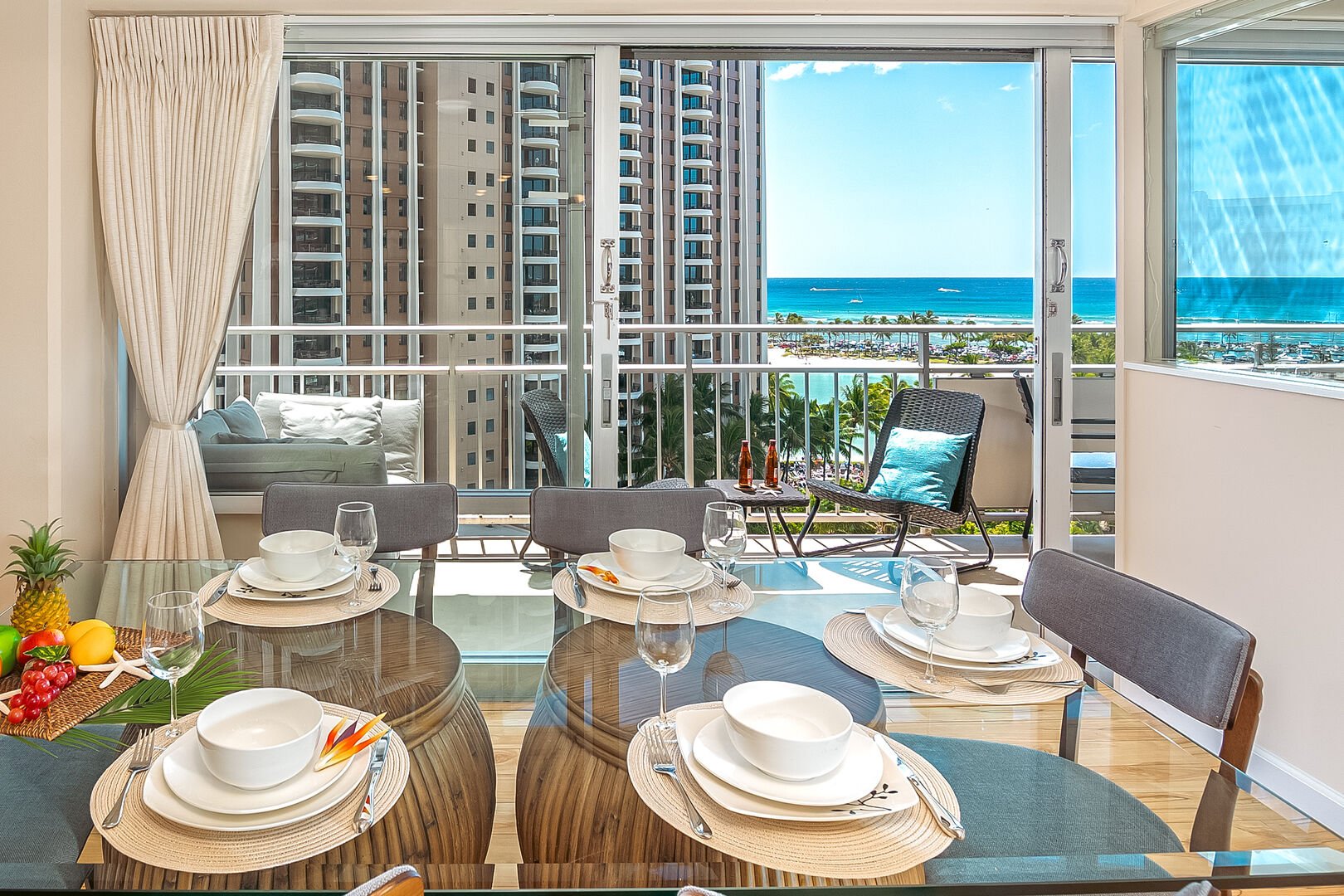 Enjoy shared meals in your dining area with a beautiful ocean view.