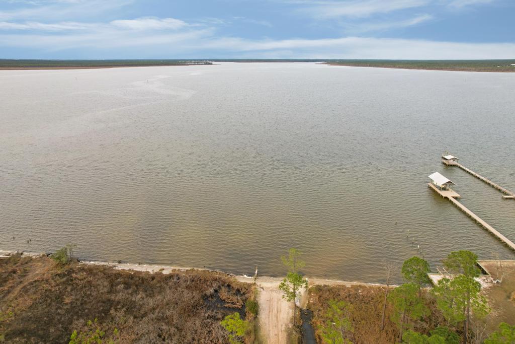 Aerial view of private beach area overlooking Perdido Bay