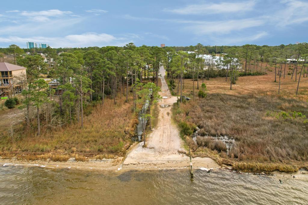 Aerial view of private beach area on Perdido Bay