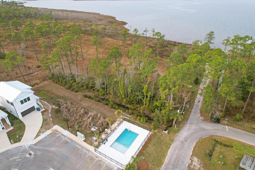 Aerial view of community pool and pathway to private beach area