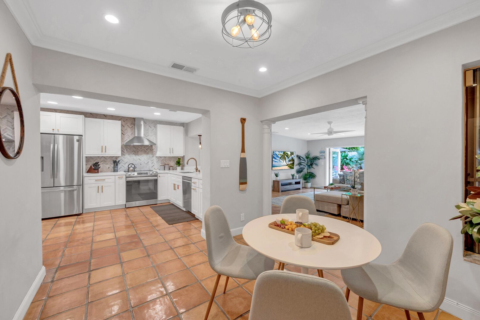 A breakfast nook is conveniently located by the kitchen.