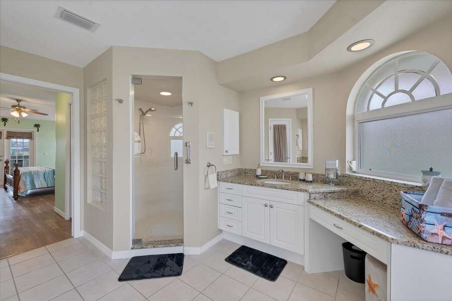 Large ensuite with walk-in shower, soaking tub and double vanities