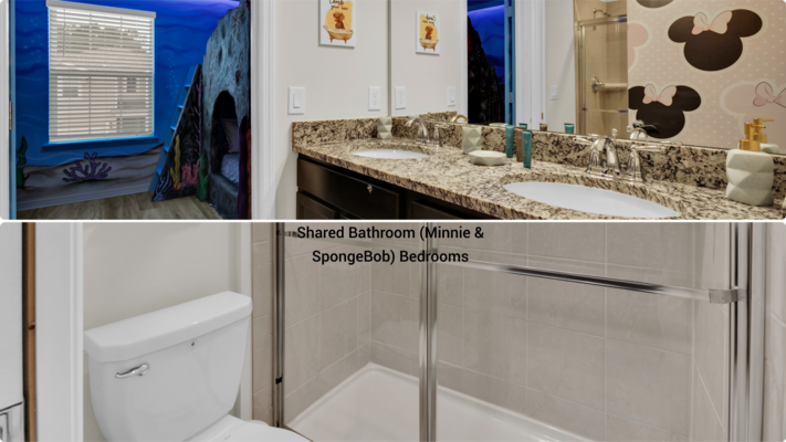 Jack N Jill Bathroom 4
Upstairs
Shared By Minnie and SpongeBob SquarePants Bedrooms/ Shower