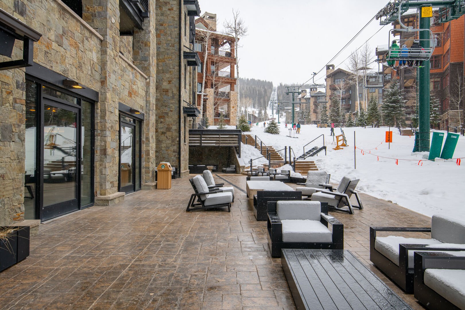 Ski beach patio with outdoor firepits.