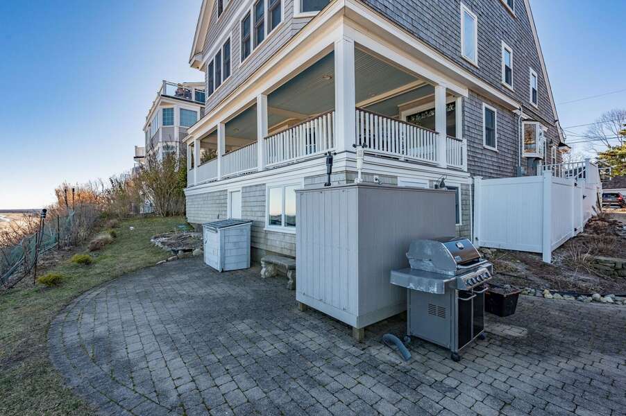 Backyard patio with outdoor shower and gas grill - 12 Indian Trail - New England Vacation Rentals
