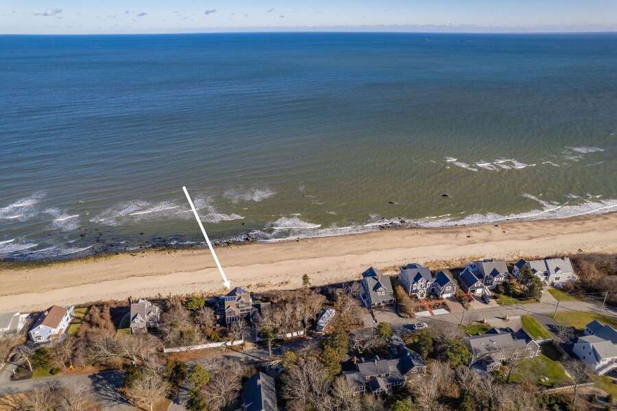 Aerial shot of home and cape Cod Bay