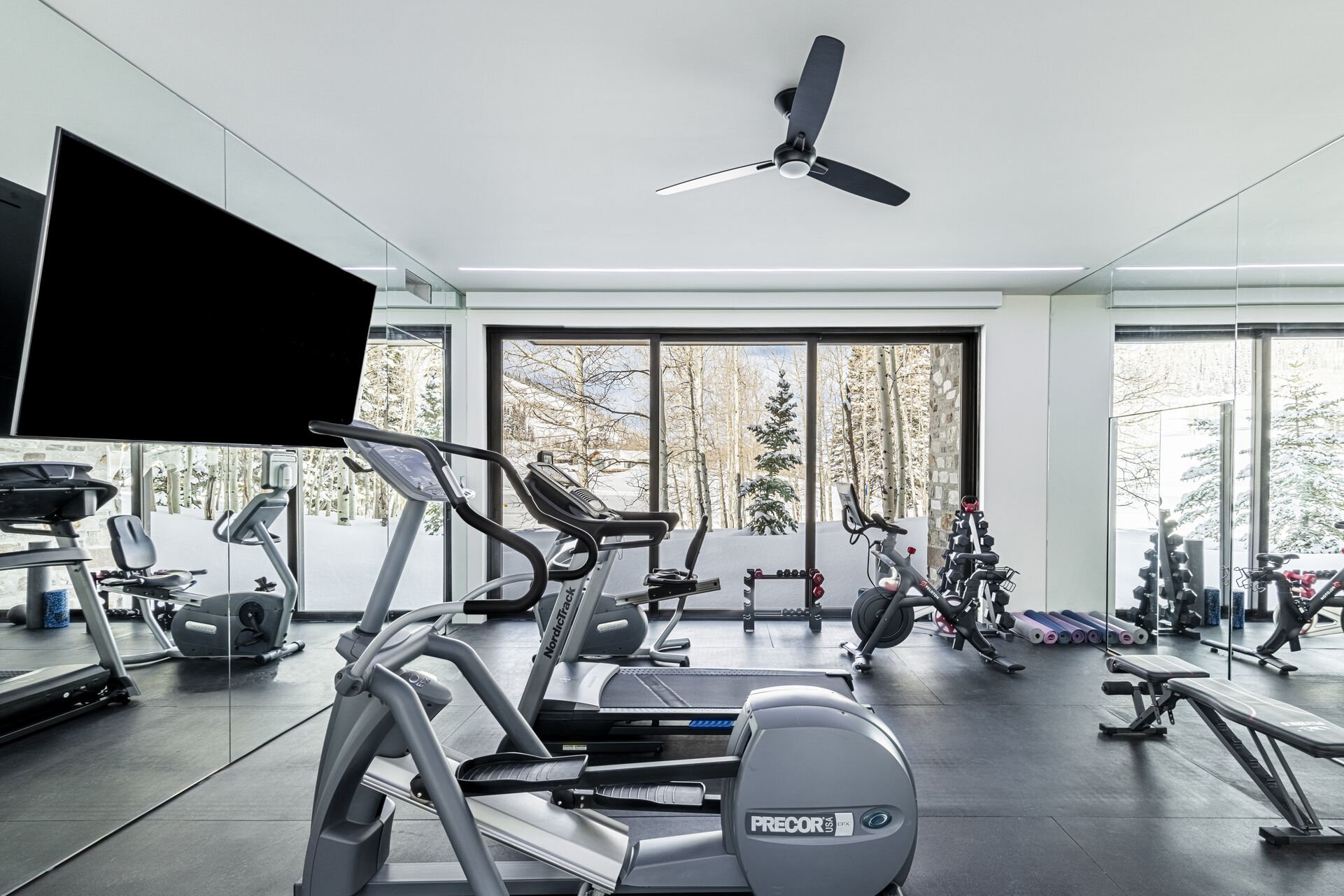 Lower level fitness center with a Smart TV