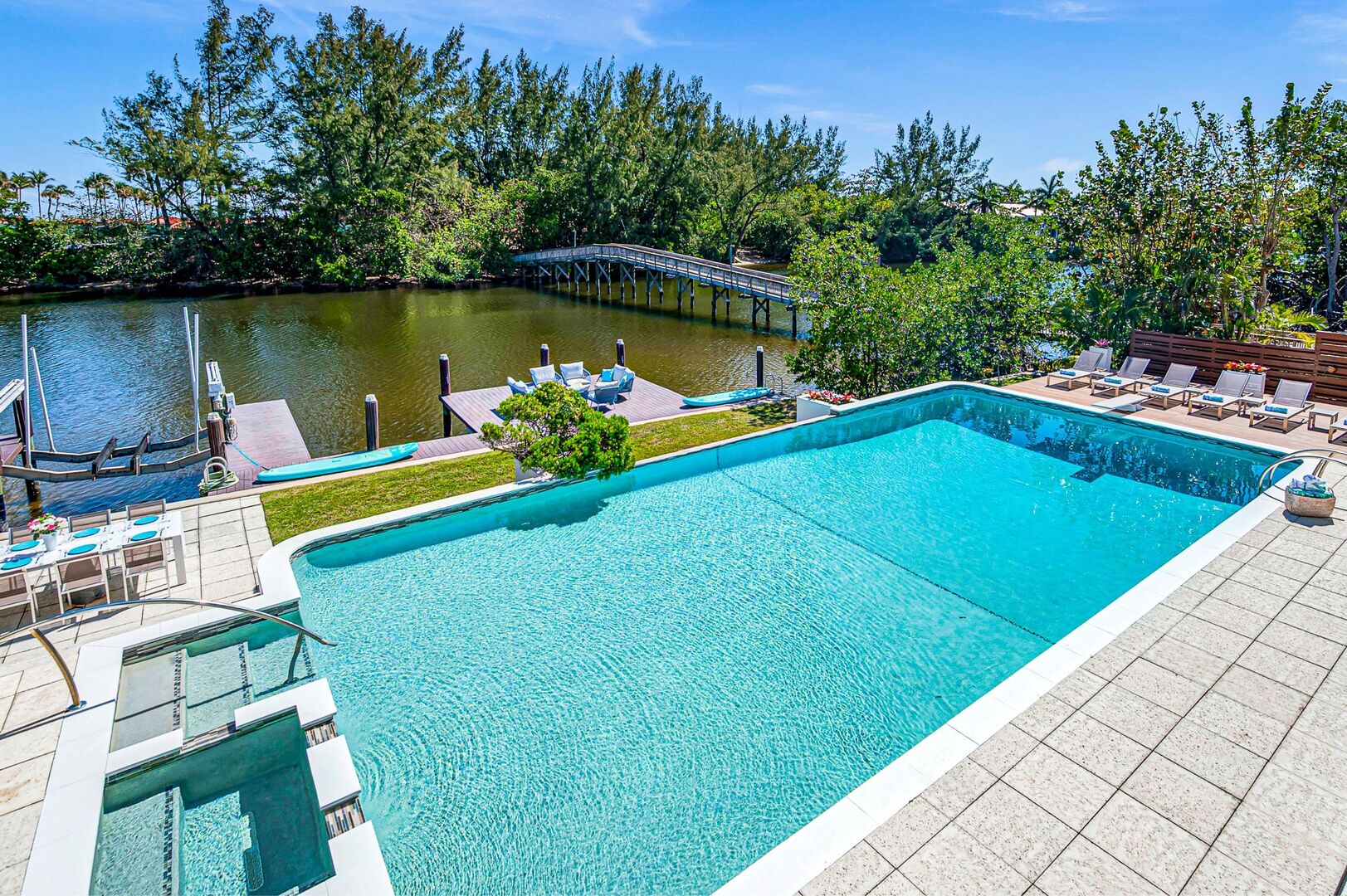 Relish in the tranquility of the hot tub oversized heated pool and waterfront views.