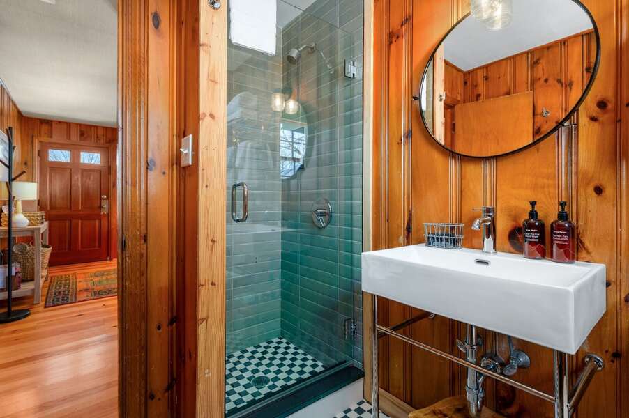 Stunning jade green tiling accents the glass enclosed shower stall - 6 Manning Road Dennis Port Cape Cod - Sweet Retreat