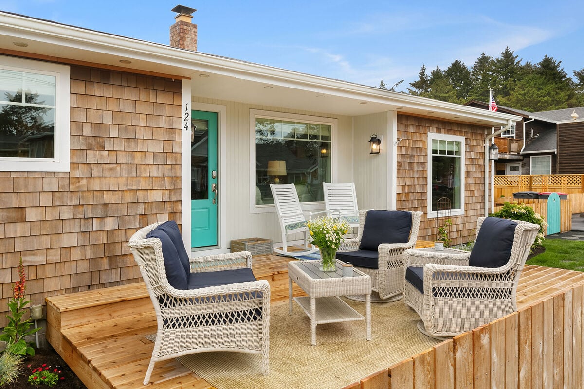 Comfortable seating on the raised deck makes the perfect spot for enjoying your morning coffee.