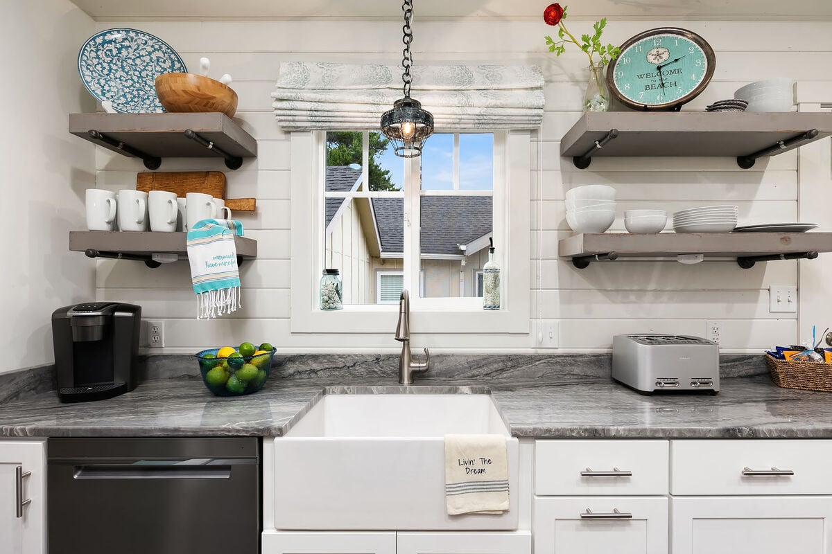 Beautiful kitchen with farmhouse sink and great counter space.