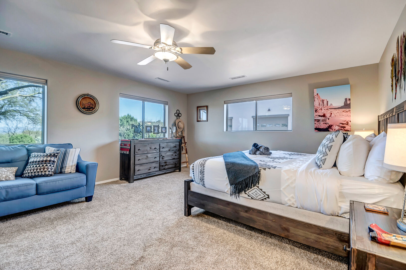Bedroom 3 with queen bed, queen-size sleeper sofa, 60” smart TV, walk-in
closet and access to full shared bathroom