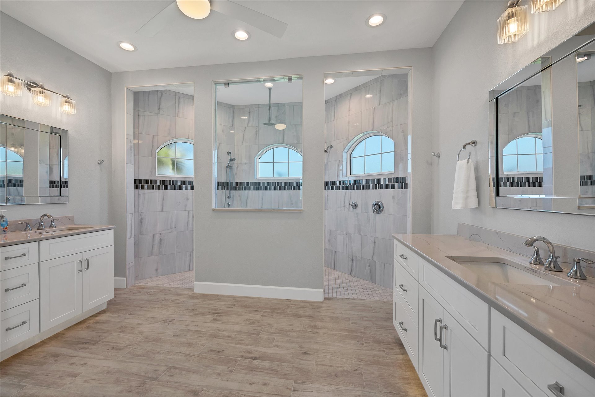 Ensuite with large walk-in shower and double vanities