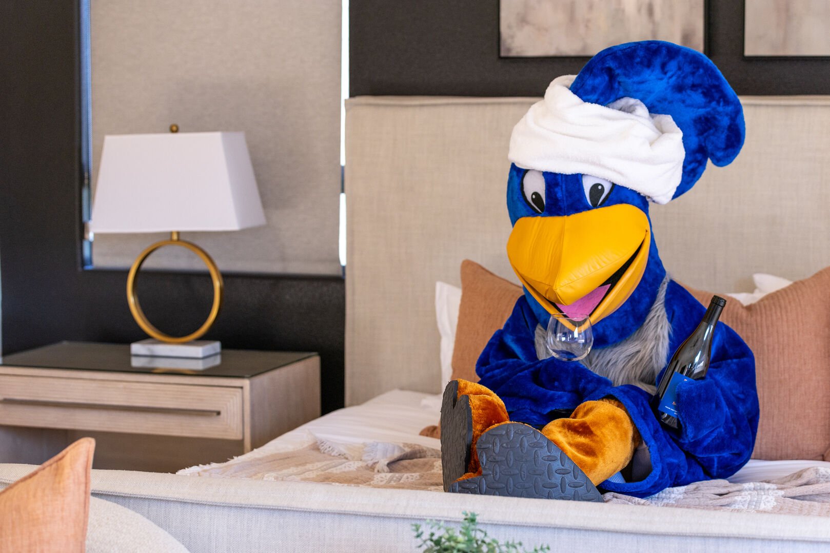 Our blue bird mascot enjoying some relaxation in bed.
