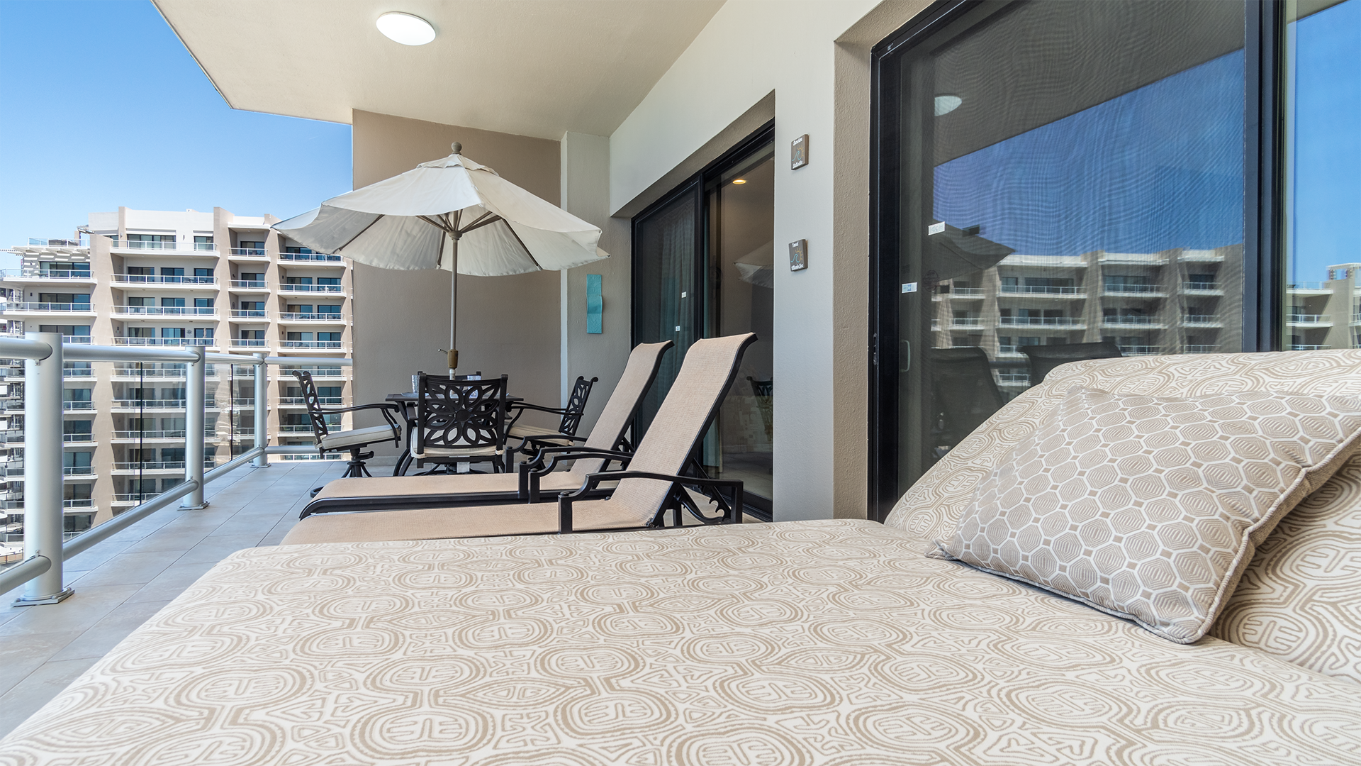 the balcony has a spacious and fully furnished