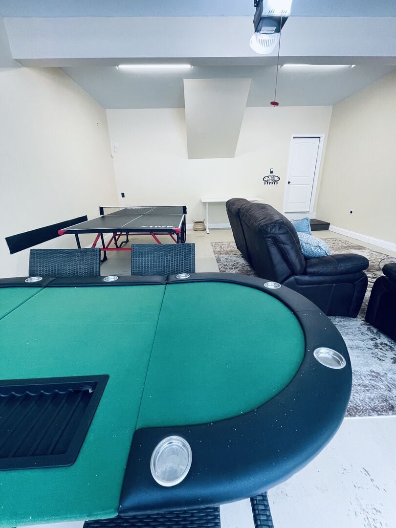 Great hang out space! Complete with card table and ping pong.