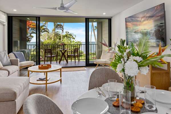 Enjoy meals with a view at this cozy dining area, where the floor-to-ceiling windows bring the beauty of the ocean right to your table.