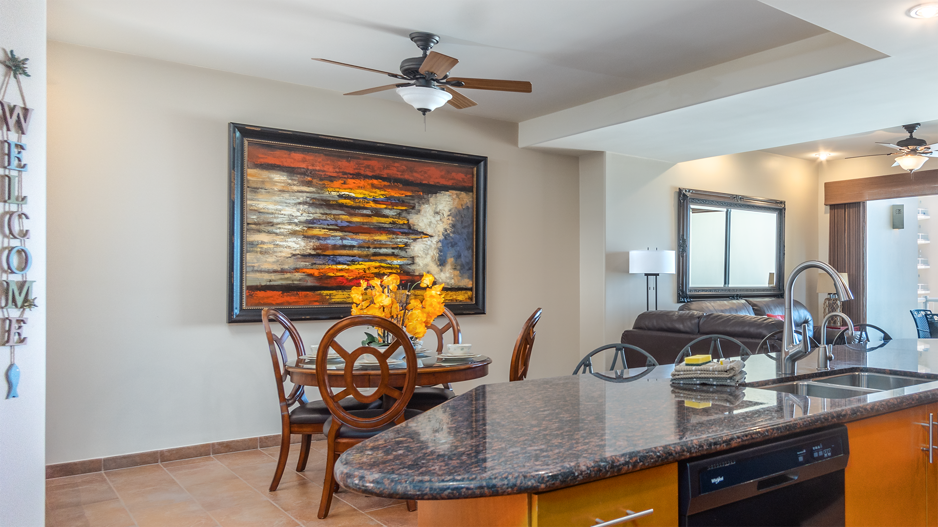 Dining table and counter.