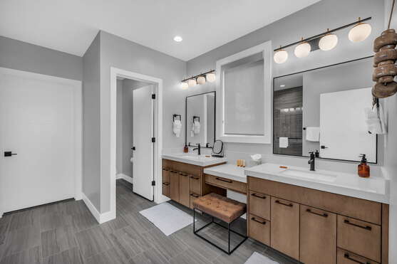 Main level primary bedroom with gorgeous bathroom