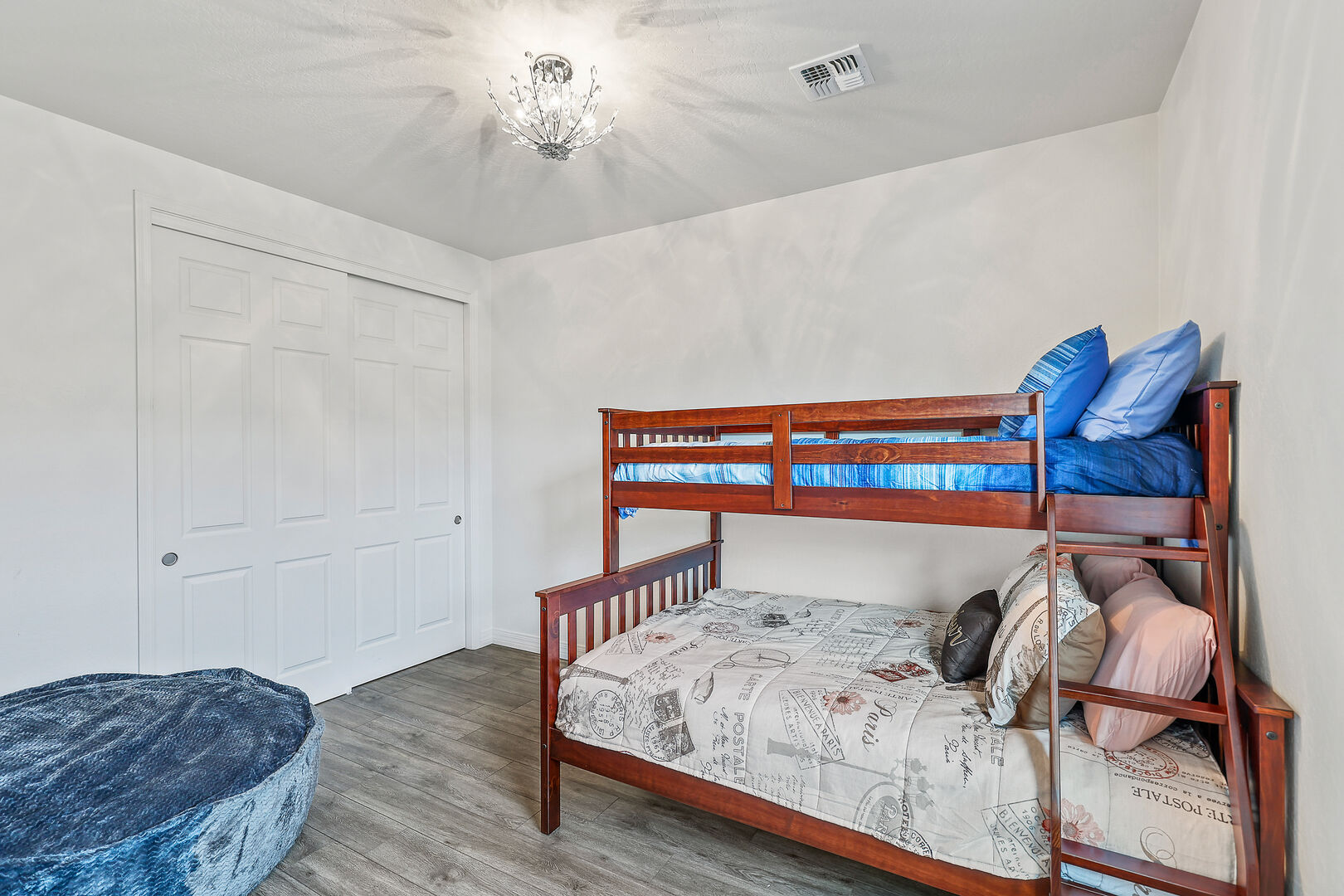 2nd Floor - Bedroom 3: Twin-over-Double bunk bed, twin mattress, and giant bean bag chair for lounging.