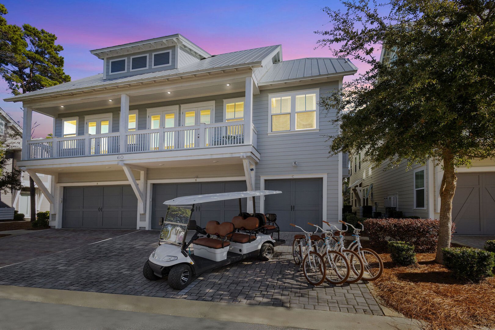 Home features a 6 seater golf cart and 4 adult bikes.