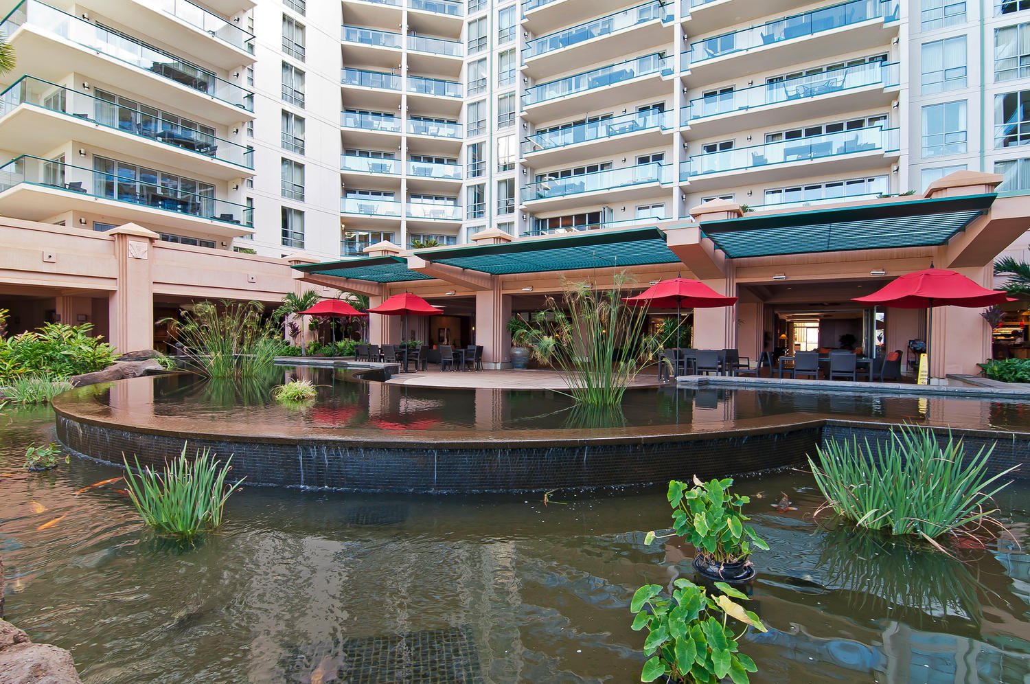 Relax by the resort's tranquil pond, home to koi fish and surrounded by the tropical garden, providing a peaceful atmosphere for guests.