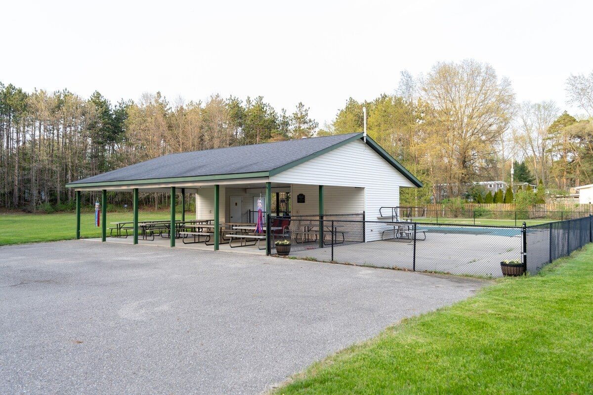 Covered pavilion with picnic tables.