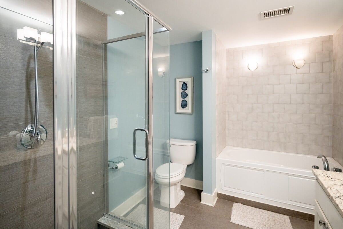 Full Bath Attached to Primary Bedroom with Stand Up Shower and Soaking Tub