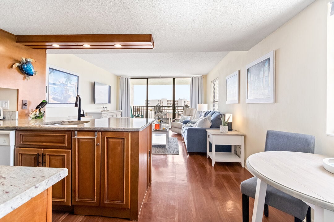 Your from the kitchen to living room area.